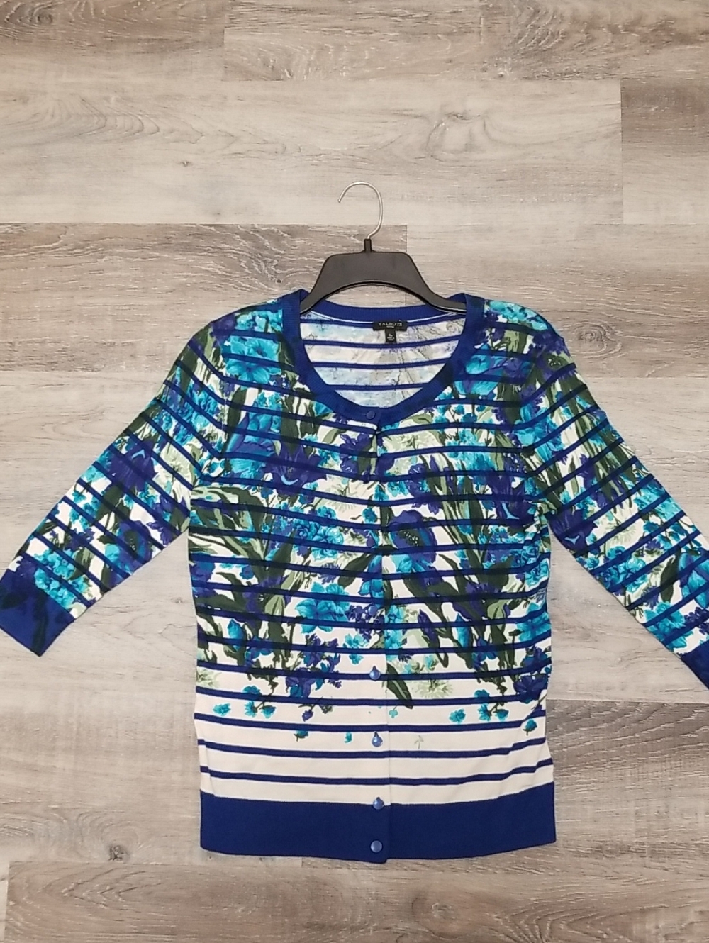 Talbots Blue Striped Floral Cardigan